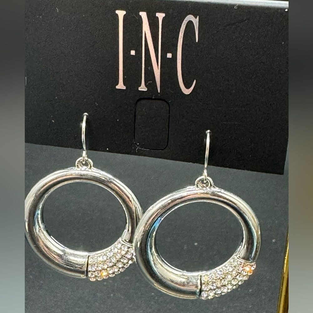 INC Silver Tone Fish Hook Dangle Ring embellished in Crystal Earrings 1.75 inch